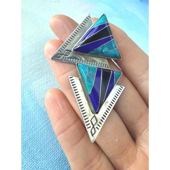 VTG SUNWEST 925 Silver Turquoise Lapis Onyx Inlay Earrings Southwestern - Picture 7 of 7